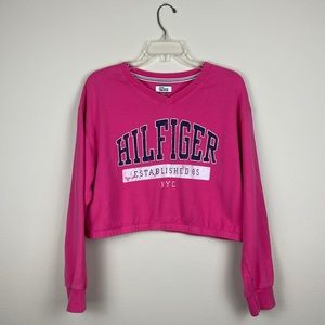 Tommy Hilfiger Cropped V Neck Sweatshirt Top Pink